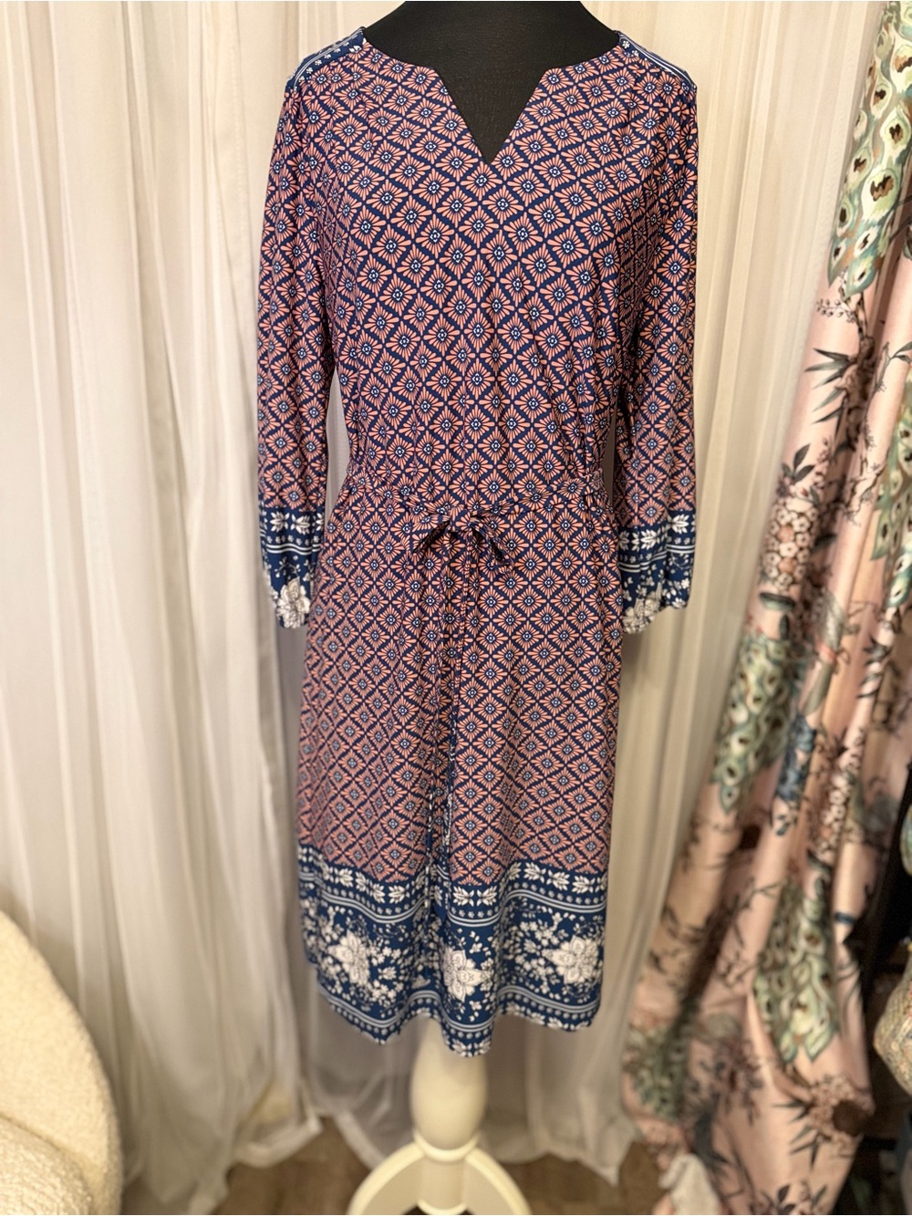 Luxology Size 8 Navy Coral Floral Border Print Belted Midi Dress